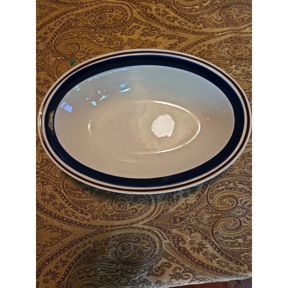 Hand Painted Chateau Stoneware Oval Bowl Blue Brown Rim Made in Japan